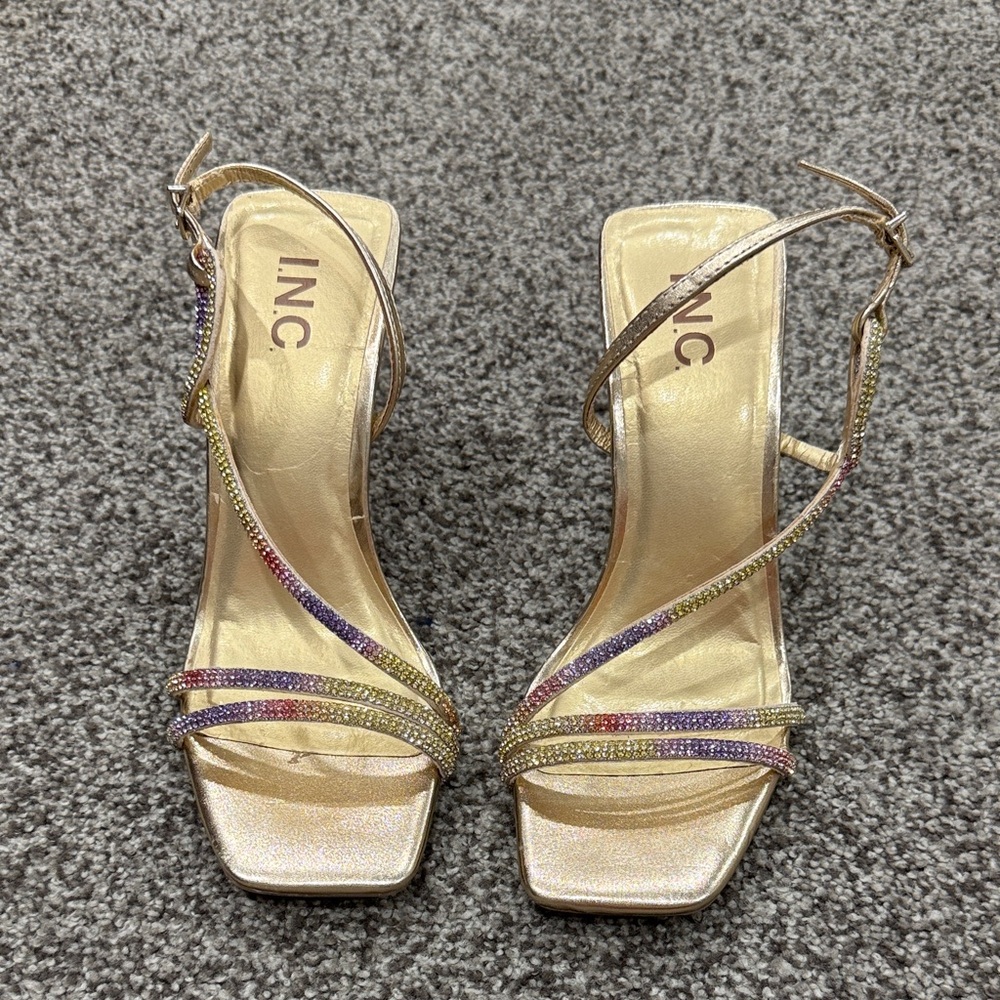 INC International Concepts Gold Multicolor Rhinestone Strappy Heels
